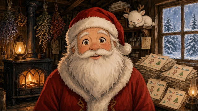 Hand-painted storybook Santa smiling in his cozy cabin workshop beside a stack of Dear Santa letters